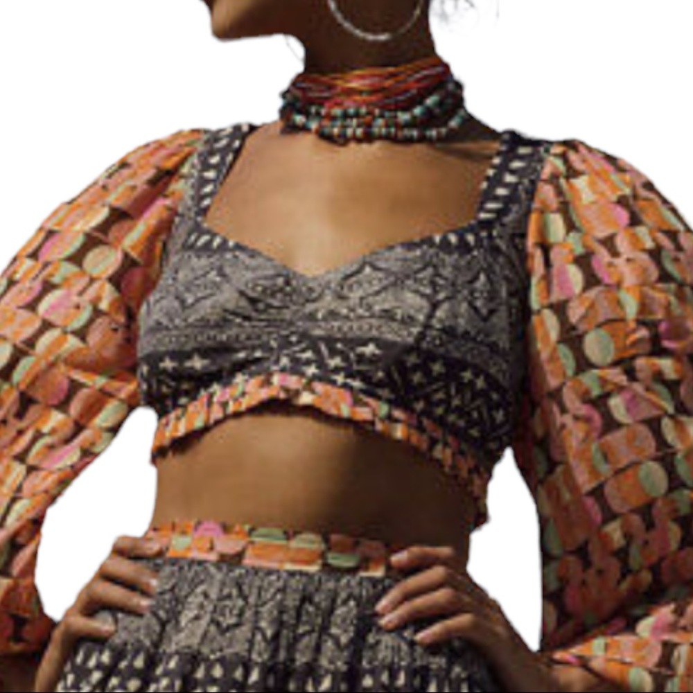 New Free People Naomi Sm Black Orange Midriff Puff Sleeve Mixed Print Crop Top - Picture 10 of 11